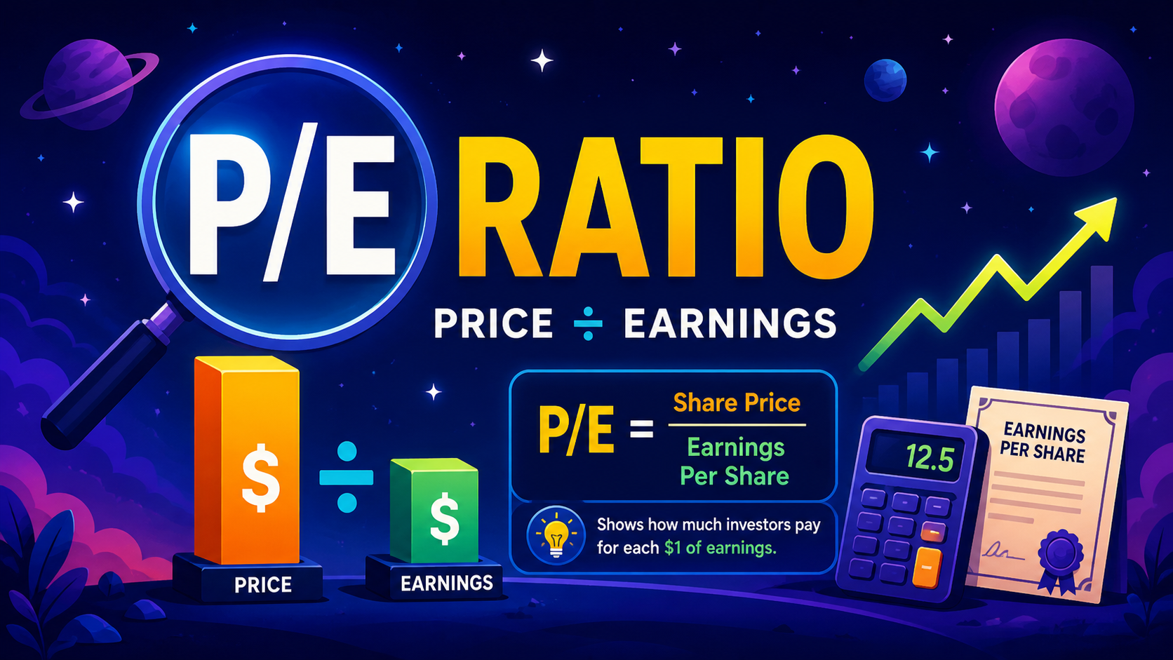 Stock valuation concept showing the price-to-earnings ratio formula, earnings per share, and share price analysis for beginner investors